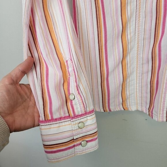 TRUE religion snap pearl button down shirt stripes pink orange western S - Picture 4 of 12